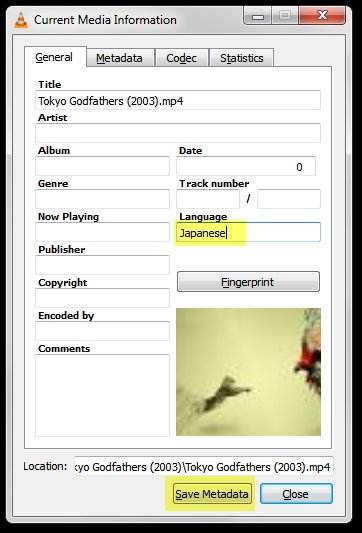 VLC media info with 'save metadata' button showing