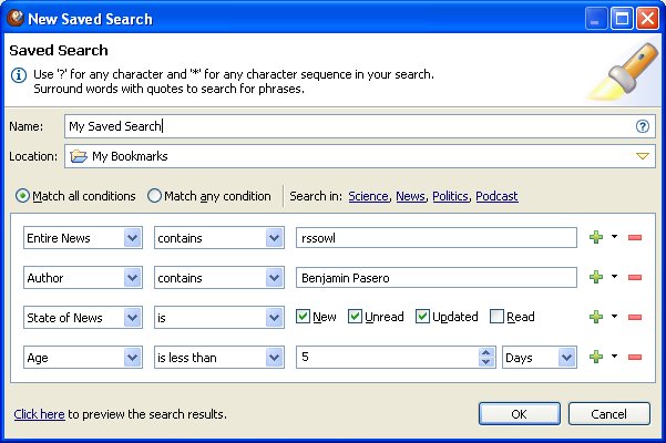 RSSOwl screenshot: saved search