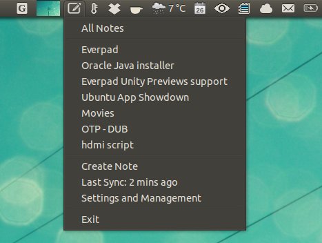 Everpad sys-try icon with drop down menu